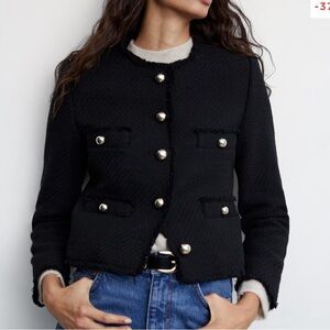 Mango Tweed Jacket with Pockets Black